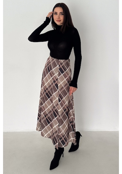 Kadın Yırtmaç Detaylı Ekose Uzun Etek Slit Plaid Kahverengi