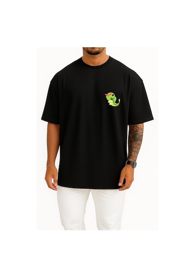 Bahriyeli Collection Oversize Caterpie Cep Baskılı Unisex T-shirt Siyah