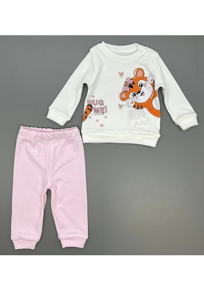 Poppy Trend Kız Bebek Kedi Baskılı Çıt Çıtlı Alt Üst İkili Gündelik Takım Pembe