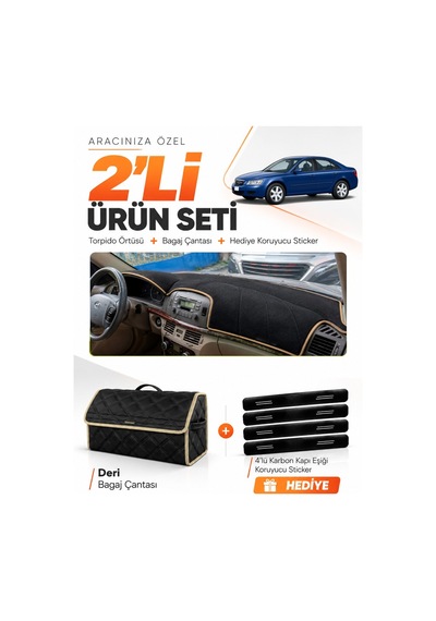 E-biz Hyundai Sonata 2004-2007 Uyumlu Torpido Örtüsü + Deri Bagaj Çantası Seti - Siyah-bej - Hu029