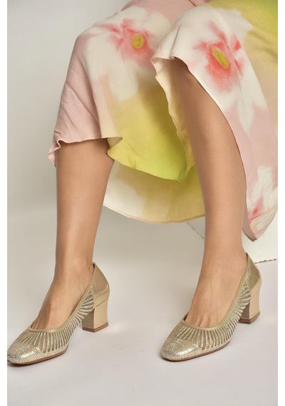 Fox Shoes Y820854514 Altın Sim Kalın Topuklu Kadın Ayakkabı Altın