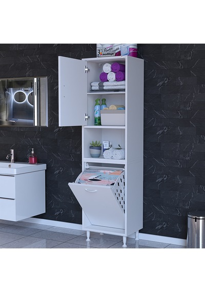 Mutfak Dolabı Kirli Çamaşır Dolabı Düşer Kapaklı Sepetli Banyo Dolabı 45x160x32 Cm Beyaz