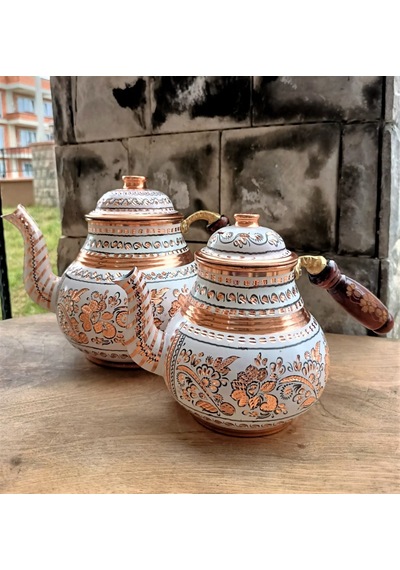 Beyaz Seramik Boya Kaplama Gül Çiçek Bakır Çaydanlık