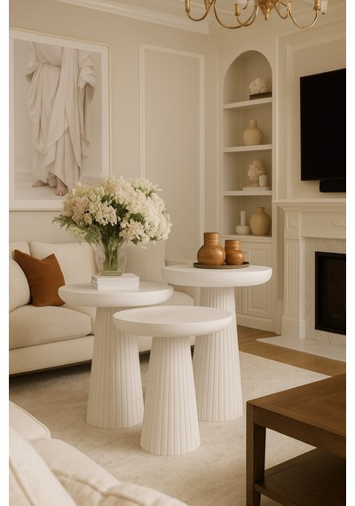 Wood Ahşap Beyaz 3 Lü Set Mantar Yan Sehpa Fiskos / Wooden Coffee Table / Zigon Sehpa Beyaz