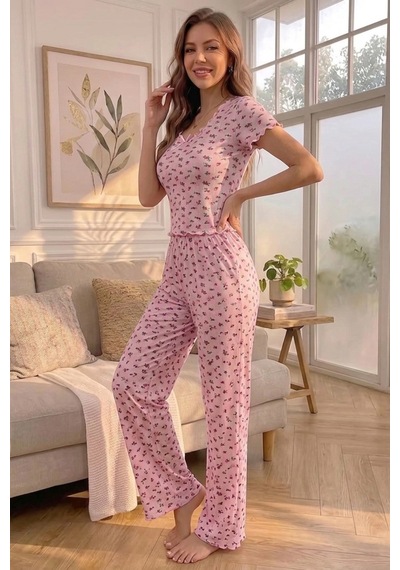 Bella Notte Fiyonk Detaylı Fırfırlı Kısa Kollu Yazlık Pijama Takımı Pembe