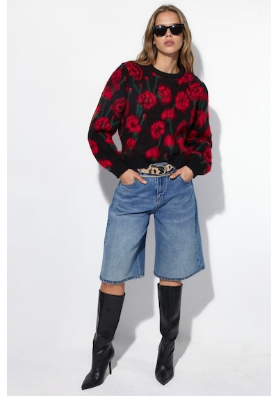 Hiccup Çiçek Desenli Bisiklet Yaka Triko Kazak Siyah