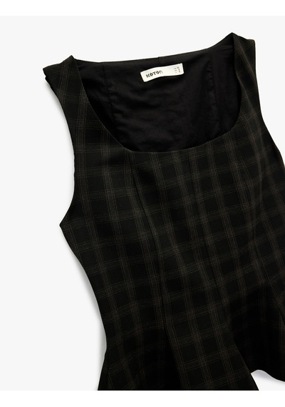 Koton Kare Yaka Kolsuz Ekose Peplum Bluz Siyah Ekose 7wak30001pw Siyah Ekoseli