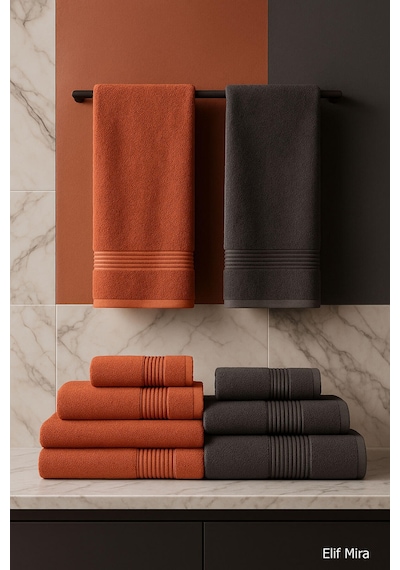 6 Parça Banyo Havlusu Seti Pamuklu 70x140 Cm Serenio Antrasit-kiremit