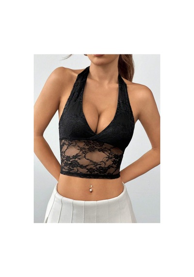 Meren Like Your Style Dantel Detaylı Crop Atlet Halter Yaka Yazlık Şık Üst Bluz Siyah