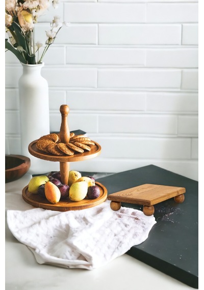 2 Li 2 Katlı Kek Stantı Ve Risus Top Ayaklı 17x25 Cm Ahşap Dikdör