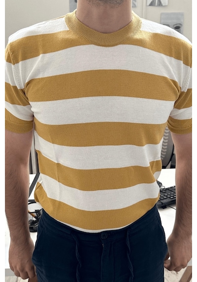 Erkek Yuvarlak Yaka Örme T-shirt Beyaz-sarı