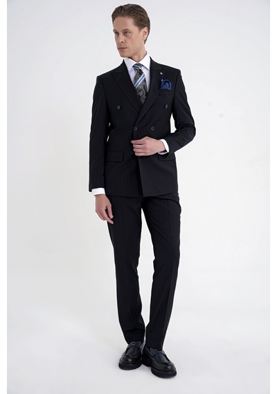 Efor Slim Fit Çift Yırtmaç %95 Pamuk Lacivert Çizgili Kruvaze Takım Elbise Tk 945