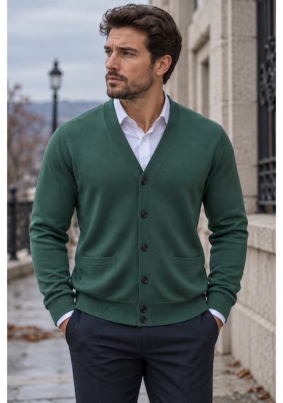 Beyome Erkek Cotton V Yaka Düğmeli Hırka-süveter Yandan Cepli Triko Günlük Şık Rahat Kesim Yeşil
