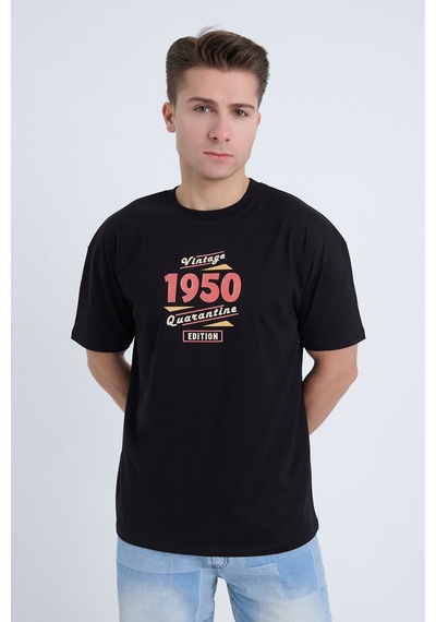Erkek Oversize Baskılı T-shirt Siyah Vintage 1950 Siyah