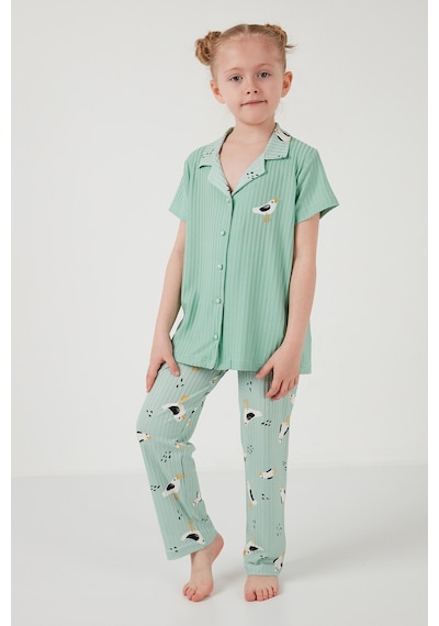 Lela Baskılı Beli Lastikli Gömlek Yaka Kısa Kollu Kız Çocuk Pijama Takımı 6576001 Mint