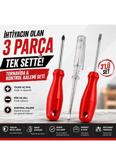 Edonı 3 Lü Tornavida Ve Kontrol Kalemi Seti, 19 Cm Yıldız Ve Düz Uç Tornavida, 20 Cm Kontrol Kalemi, Ergonomik Saplı, Ev Ofis Günlük Tamirat Ve Pratik El Aleti Seti