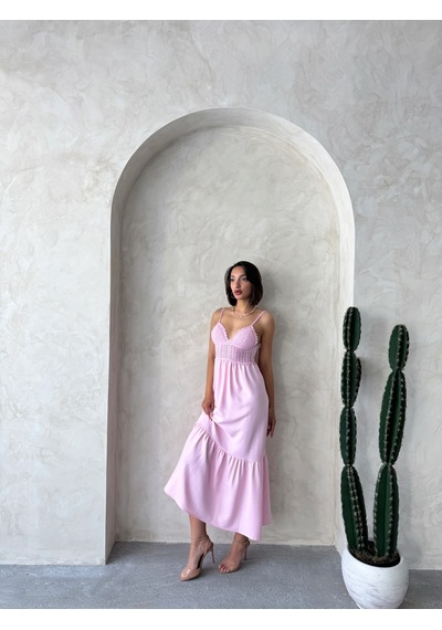 Verymoda Keten Görünümlü Askılı V Yaka Boydan Elbise I D2328 D2328 Pembe