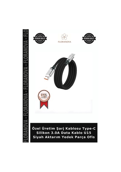 Özel Üretim Şarj Kablosu Type-c Silikon 3.0a Data Kablo U15 Siyah Aktarım Yedek Parça Ofis