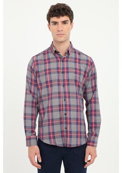 Dufy Erkek Regular Fit Düğmeli Yaka Uzun Kol Kırmızı Ekose Gömlek-25799