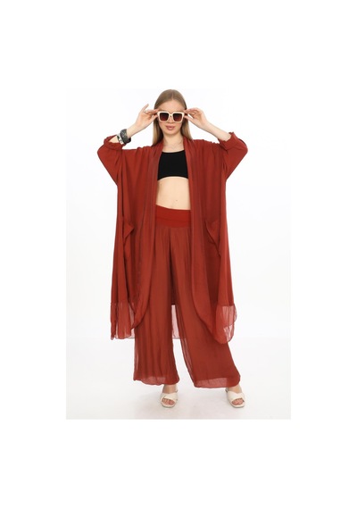 Bohem Stil Itayan Ipek Detaylı Oversize Kaftan- Pantolon Takım-9214 Bordo