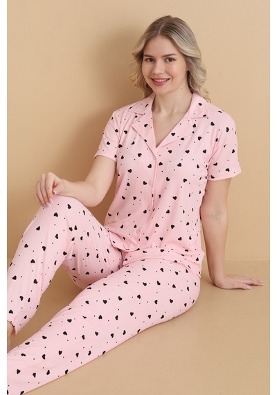 Wordex Mirano 9514 Kalpli Pembe Pegasus Kumaş Düğmeli Kısa Kolu Kadın Pijama Takımı