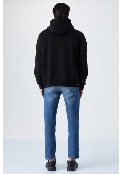 Grimelange Wulf Erkek Organik Kumaşlı İçi Polarlı Yumuşacık Kanguru Cepli Kapüşonlu Siyah Sweatshirt Siyah