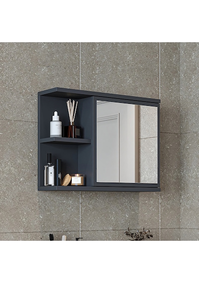 Kulpsuz Tek Kapaklı Mat Suntalam 60 Cm Aynalı Banyo Üst Dolap Ant Antrasit