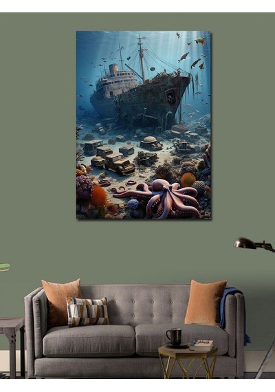 Kanvas Tablo Batık Gemi Ve Deniz Canlıları 70cmx100cm