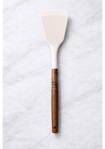 Akasya Saplı Spatula - Ahşap - Yemek Pişirme - Tatlı Servisi - Sağlam Silikon Spatula Beyaz