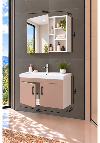 Latte 80 Cm, Lavabolu Banyo Dolabı, Lavabo Dahil, Ayna Dahil, Beyaz - Latte