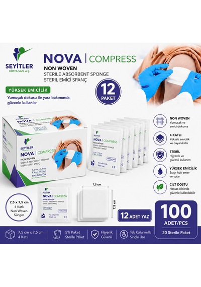 Nova Steril Kompres 7,5cm 7,5cm 4 Katlı 5'li 12 Paket