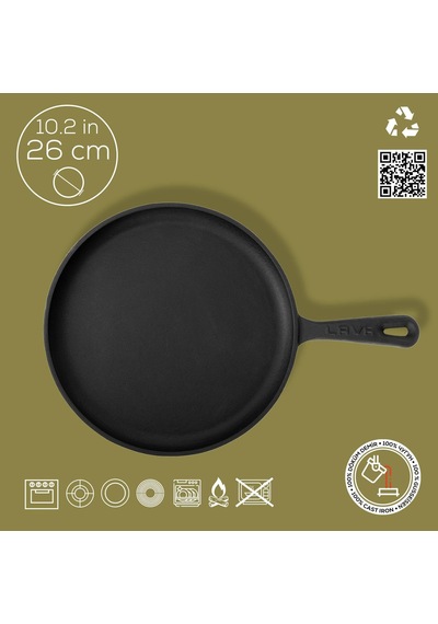 Döküm Krep / Pizza / Pancake Tavası, Yuvarlak, Metal Saplı, 26cm, Siyah