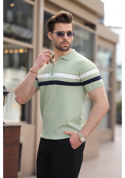 Madmext Çağla Yeşili Fermuarlı Polo Yaka Triko Erkek T-shirt E7299 Çağla Yeşili