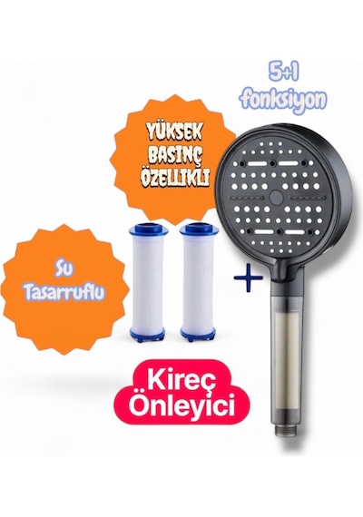 Truva 2 Adet Yedek Filtreli Su Tasarruflu Kireç Önlryici Özellikli Duş Başlığı Turbo Basınç Özellikli Siyah