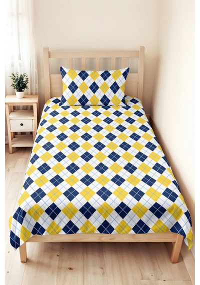 Sarı Lacivert Ekose Geometrik Genç Odası Tek Kişilik Pike Takımı - 160x220 Cm Kapitone Yatak Örtüsü Gölge Çiy Buharı