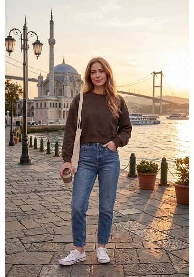 Luxıc Core Kadın Crop Bisiklet Yaka Sweatshirt Pamuklu Yumuşak Dokulu Günlük Spor Sweatshirt Kahverengi