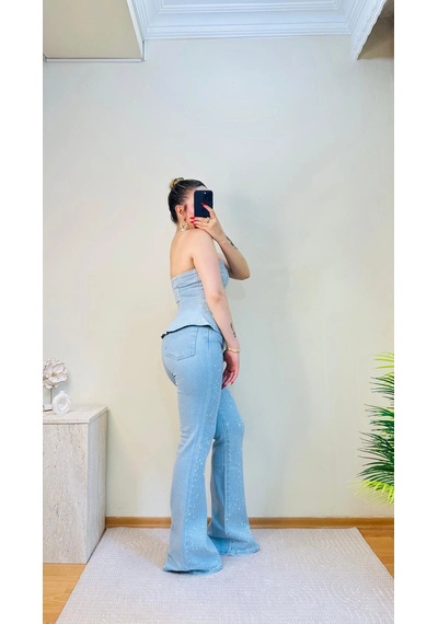 Elora Atelier Taşlı Peplum Straplez Denim İkili Takım Çok Renkli