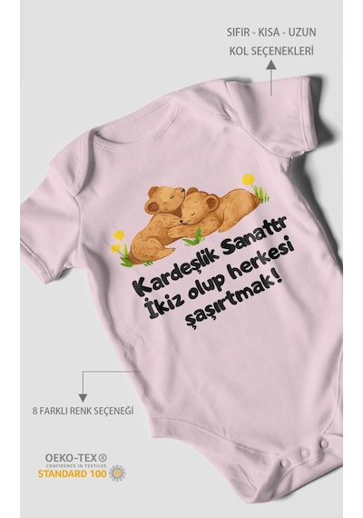Morivokids Kardeşlik Sanattır, İkiz Yazılı Kısa Kollu Bebek Body %100 Pamuk Bebe Pembe