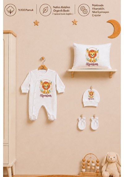 Pia Baby İsme Özel Erkek Bebek Hastane Çıkışı 5 Parça Tulum Seti %100 Pamuk Organik Baskılı 1011tyb3x Ekru