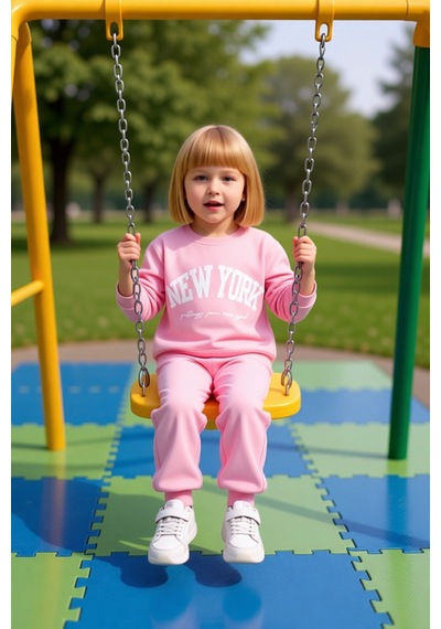 Frm Kız Çocuk Pamuklu New York Baskılı Örme Sweatshirt Ve Eşofman Alt Pembe