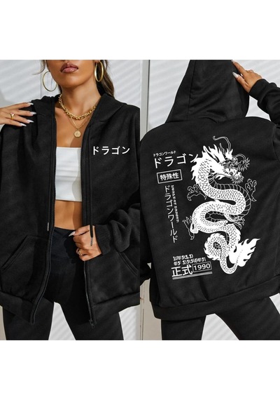 Startmore Startmoredünya Ejderha Özel 1990 Desen Kadın Fermuarlı Kapüşonlu Kıyafet Trendy Polar Hoody Rahat Sonb Siyah