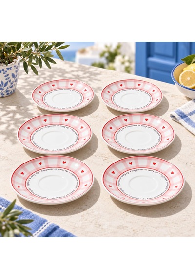 Tr 6'li Porselen Çay Tabağı Seti, Pembe Ekose Kalp Desenli Diğer
