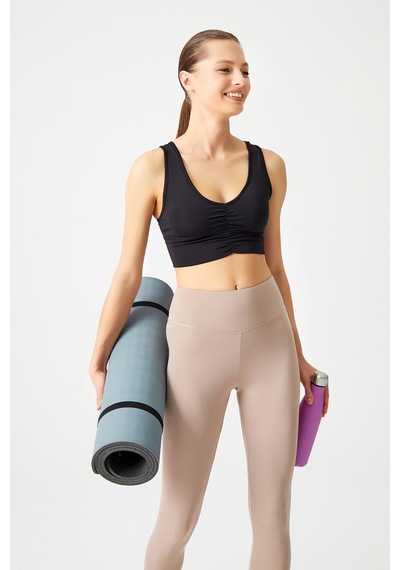 Los Ojos Siyah Hafif Destekli Kaplı Önü Büzgülü Crop Top Büstiyer Low Scoop Siyah