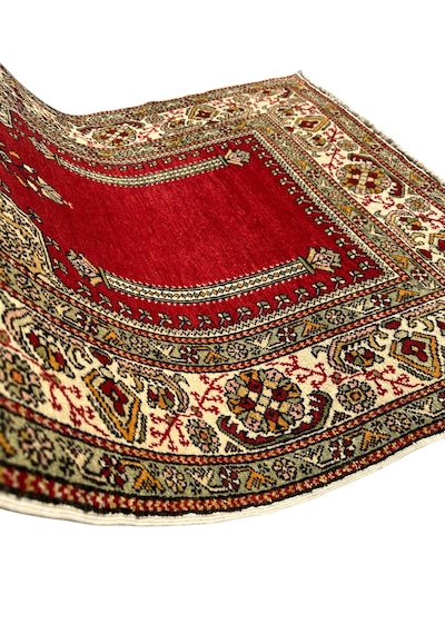 El Dokuması Sıfır Bürüngüz Halısı 107x171 Mihraplı Model Antika Kök Boya Yün Halı Kırmızı