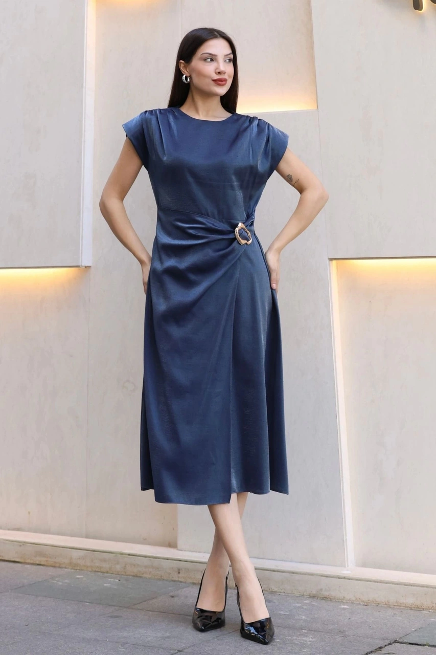 Lodmela Toka Ve Drape Detaylı Soft Saten Midi Elbise 6042-lacivert Lacivert