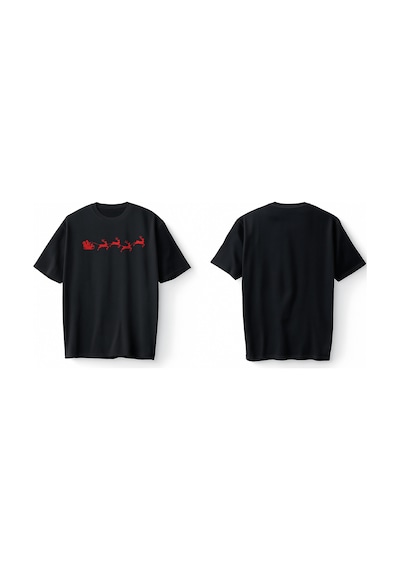 Bumeta Yılbaşı Santa Claus Geyik Silüet Noel Baba Baskılı Oversize Unisex Tişört T-shirt Siyah