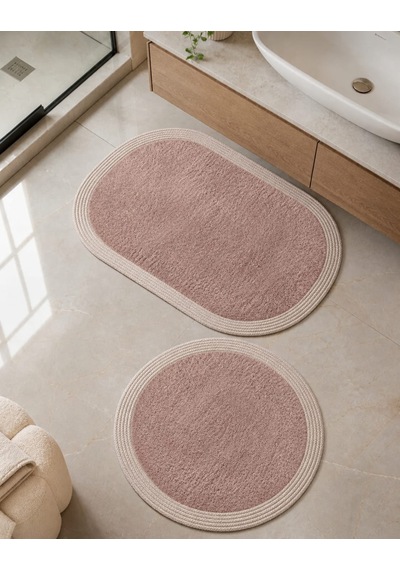 Kaymaz Taban Peluş Banyo Paspası Seti Pudra Rengi Jüt Kenar Detaylı 2'li Oval Yuvarlak 100x60 60x60