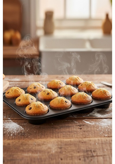 12 Gözlü Muffin Kek Kalıbı Paslanmaz Siyah Portatif Tasarım Kek Kalıbı Siyah