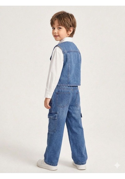 Baby Lory Kids Store Erkek Çocuk Gömlekli Yelekli 3lü Kot Takım Açık Lacivert