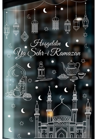Ramazan Cam Sticker Seti Hoşgeldin Ya Şehr-i Ramazan Yazılı, Çift Taraflı Şeffaf Pencere Süsü Dijital Baskı